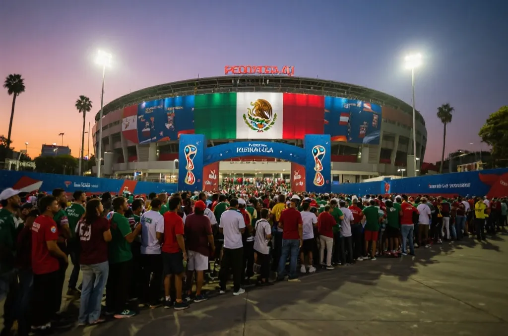球迷在墨西哥球场外排队观赛，傍晚光线与热浪氛围